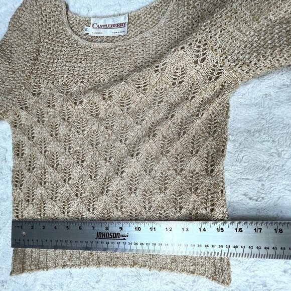 Vintage Castleberry London New York Size 10 Crochet Knit Puff Sleeve Sweater Tan - Picture 7 of 9